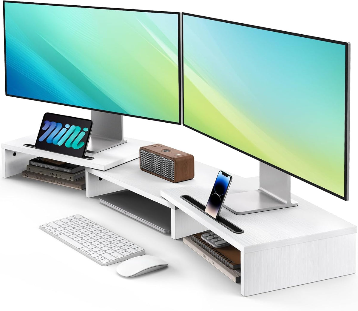 Dual Monitor Stand Riser- 3 Shelf Screen Stand with Adjustable Length and Angle, 2 Extra Functional Slot Desktop Organizer Stand for PC, Computer, Laptop (Light Wood)