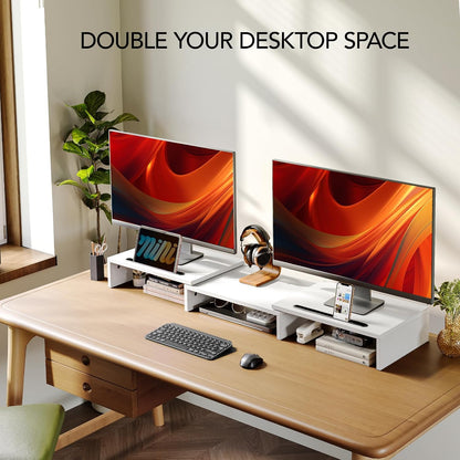Dual Monitor Stand Riser- 3 Shelf Screen Stand with Adjustable Length and Angle, 2 Extra Functional Slot Desktop Organizer Stand for PC, Computer, Laptop (Light Wood)