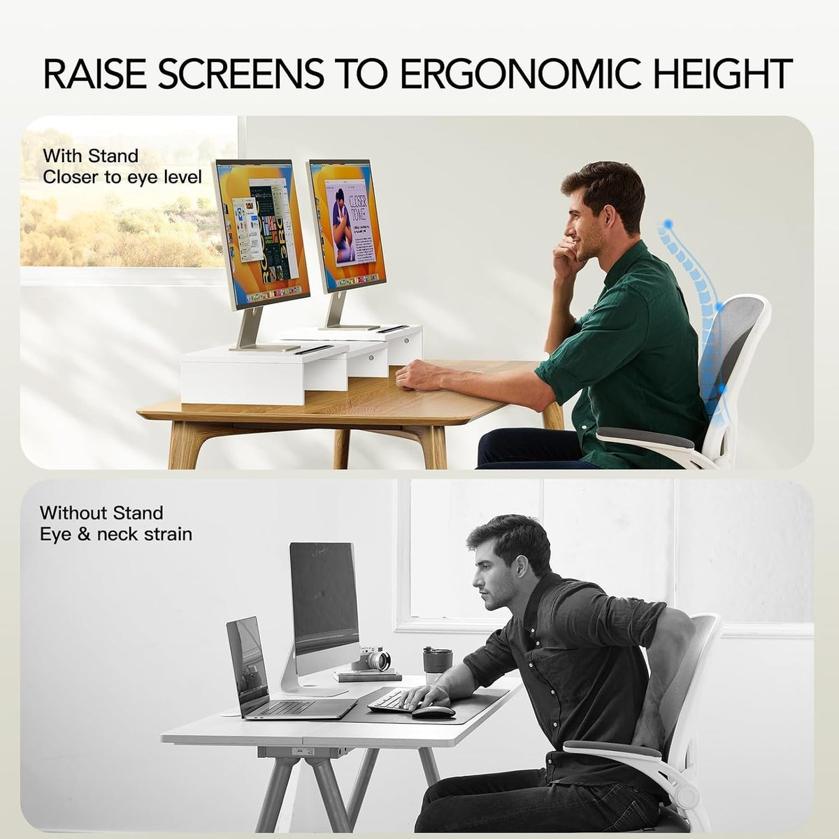 Dual Monitor Stand Riser- 3 Shelf Screen Stand with Adjustable Length and Angle, 2 Extra Functional Slot Desktop Organizer Stand for PC, Computer, Laptop (Light Wood)