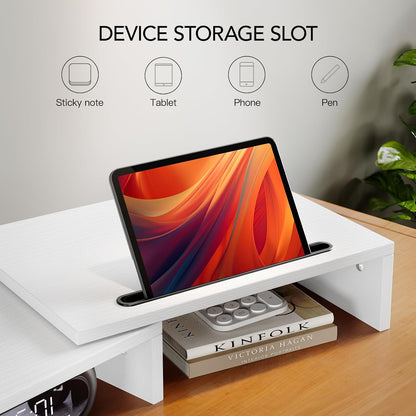 Dual Monitor Stand Riser- 3 Shelf Screen Stand with Adjustable Length and Angle, 2 Extra Functional Slot Desktop Organizer Stand for PC, Computer, Laptop (Light Wood)