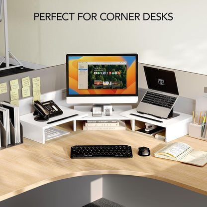Dual Monitor Stand Riser- 3 Shelf Screen Stand with Adjustable Length and Angle, 2 Extra Functional Slot Desktop Organizer Stand for PC, Computer, Laptop (Light Wood)