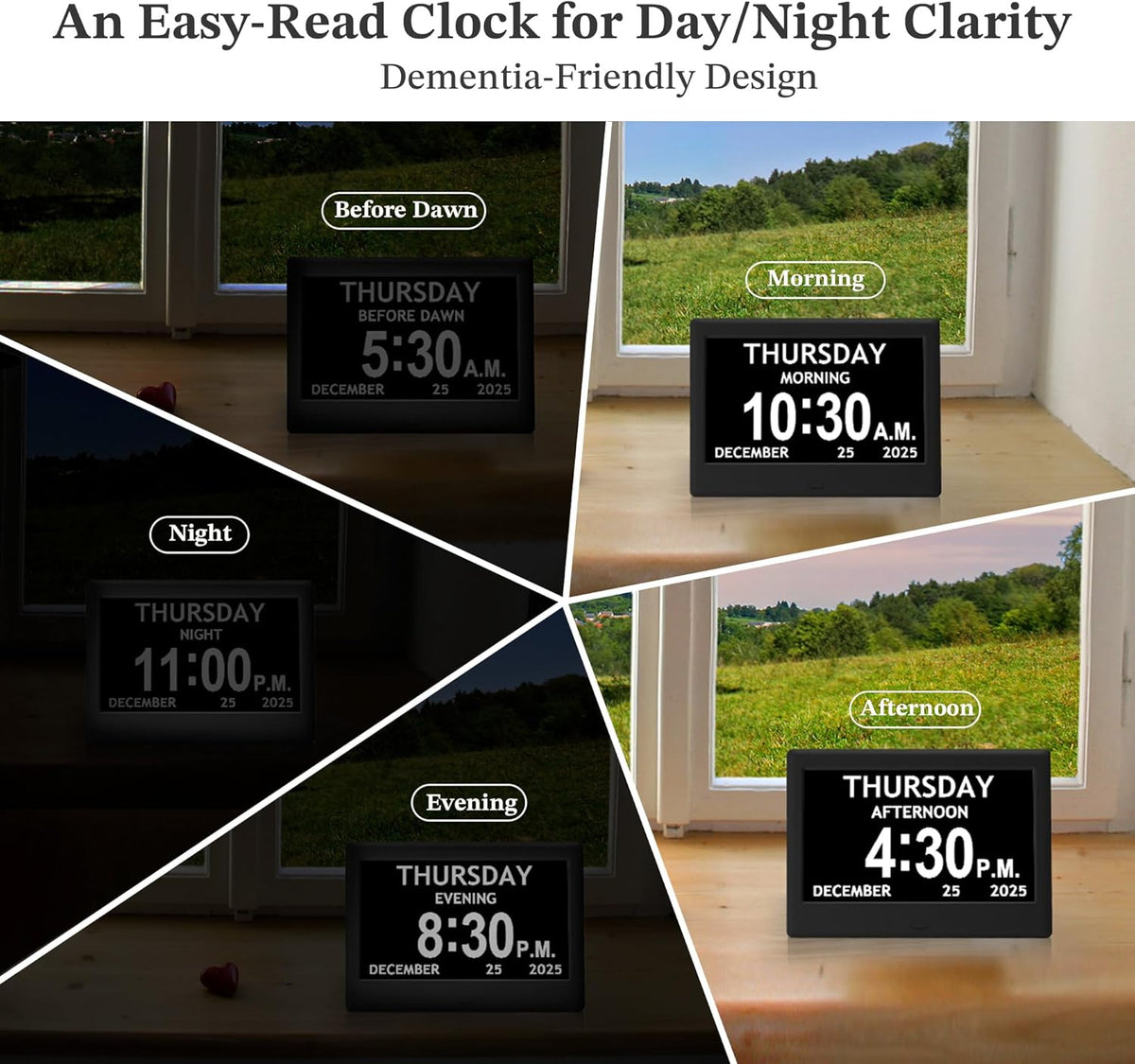 7'' Dementia Clocks for Seniors, Large Display Digital Clock with Date Time