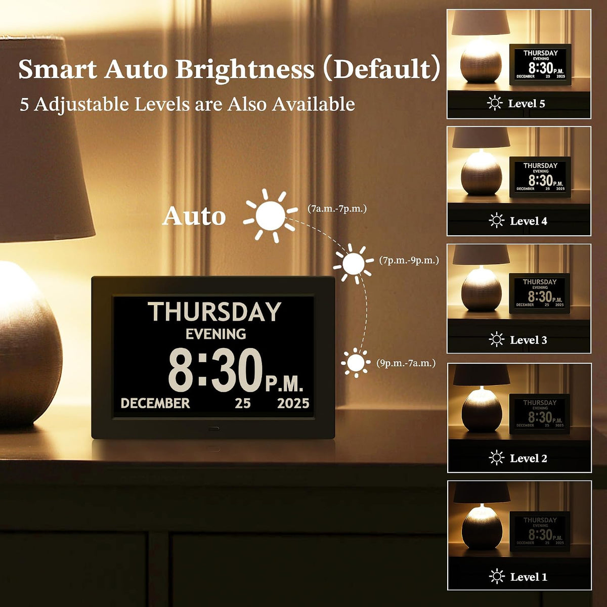 7'' Dementia Clocks for Seniors, Large Display Digital Clock with Date Time
