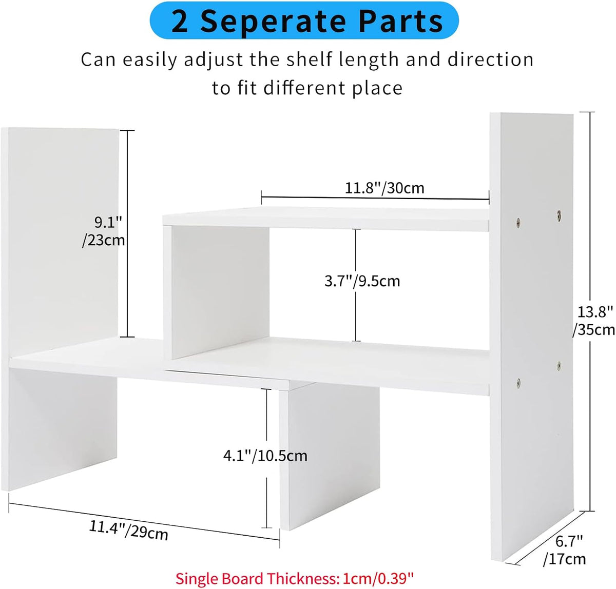 Desktop Shelf Organizer, Adjustable Wood Office Storage Rack, Counter Display Small Bookshelf for Home/Office/School(White)