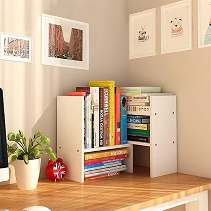 Desktop Shelf Organizer, Adjustable Wood Office Storage Rack, Counter Display Small Bookshelf for Home/Office/School(White)