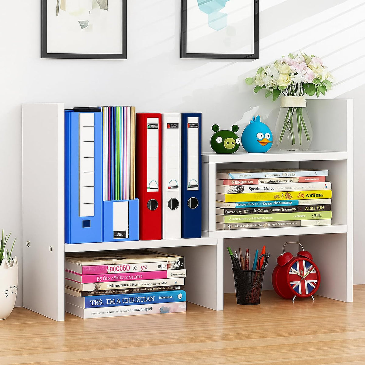 Desktop Shelf Organizer, Adjustable Wood Office Storage Rack, Counter Display Small Bookshelf for Home/Office/School(White)