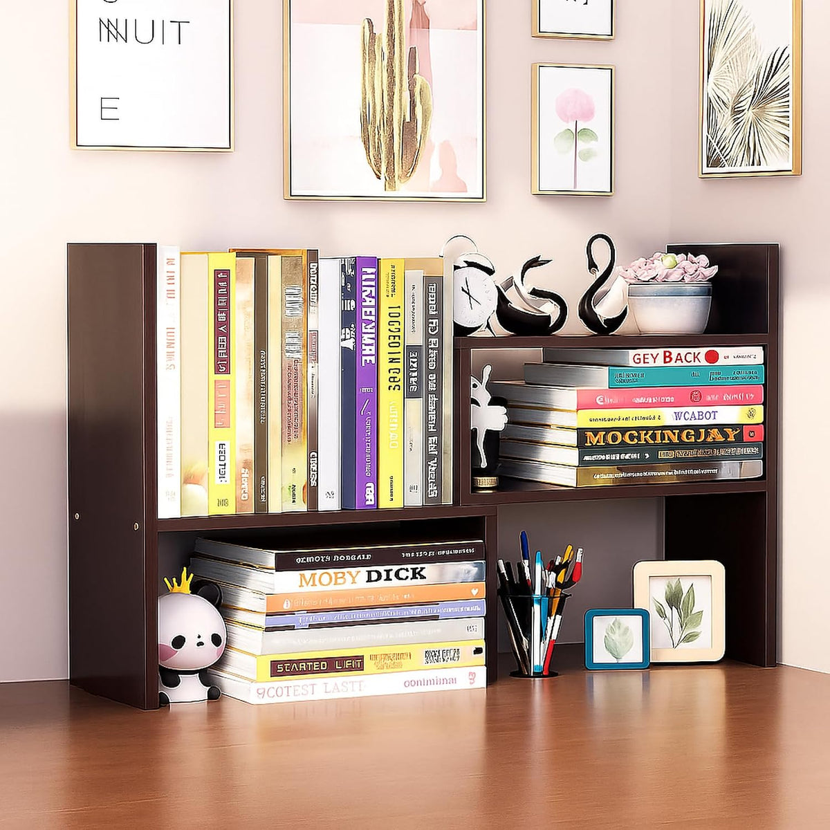 Desktop Shelf Organizer, Adjustable Wood Office Storage Rack, Counter Display Small Bookshelf for Home/Office/School(White)