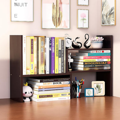 Desktop Shelf Organizer, Adjustable Wood Office Storage Rack, Counter Display Small Bookshelf for Home/Office/School(White)