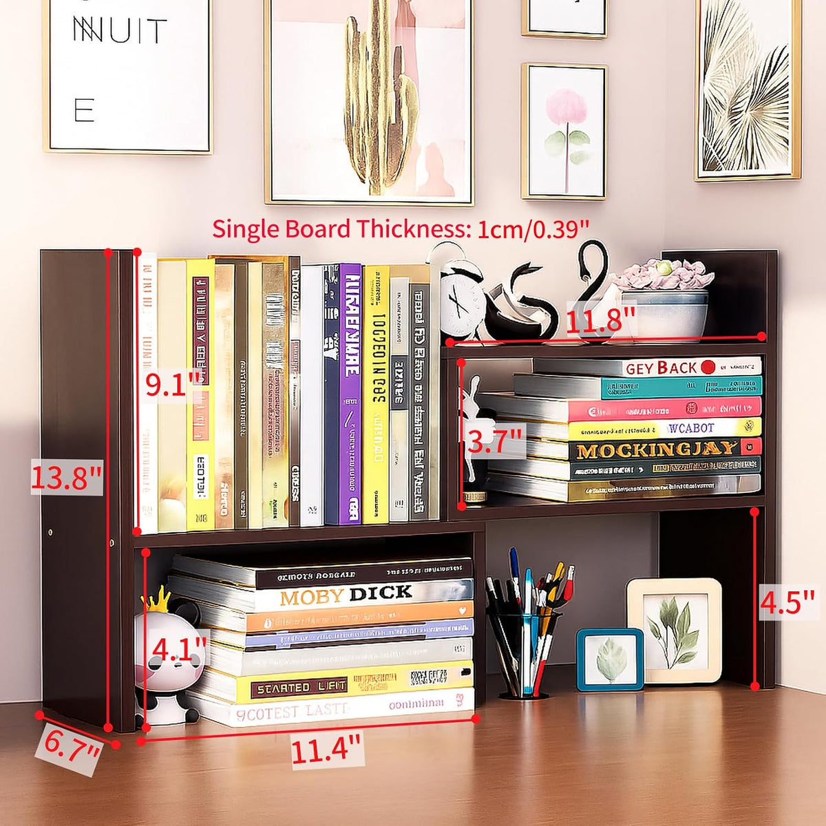 Desktop Shelf Organizer, Adjustable Wood Office Storage Rack, Counter Display Small Bookshelf for Home/Office/School(White)