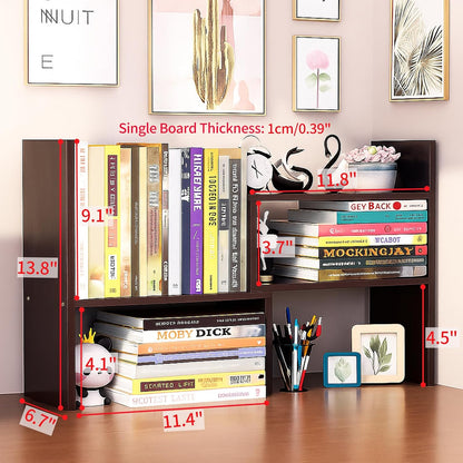 Desktop Shelf Organizer, Adjustable Wood Office Storage Rack, Counter Display Small Bookshelf for Home/Office/School(White)
