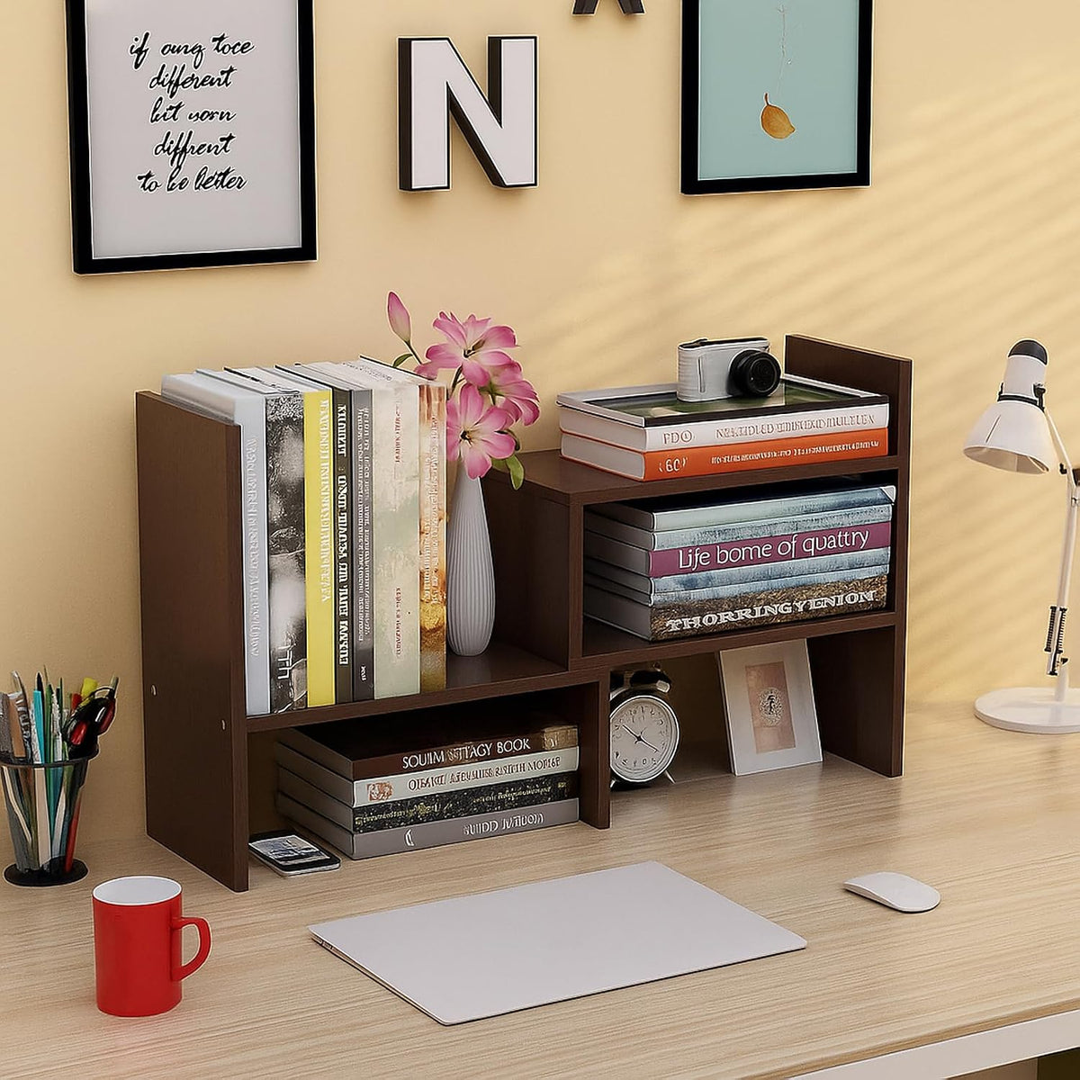 Desktop Shelf Organizer, Adjustable Wood Office Storage Rack, Counter Display Small Bookshelf for Home/Office/School(White)