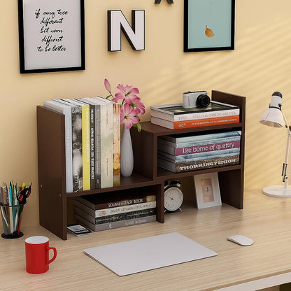 Desktop Shelf Organizer, Adjustable Wood Office Storage Rack, Counter Display Small Bookshelf for Home/Office/School(White)