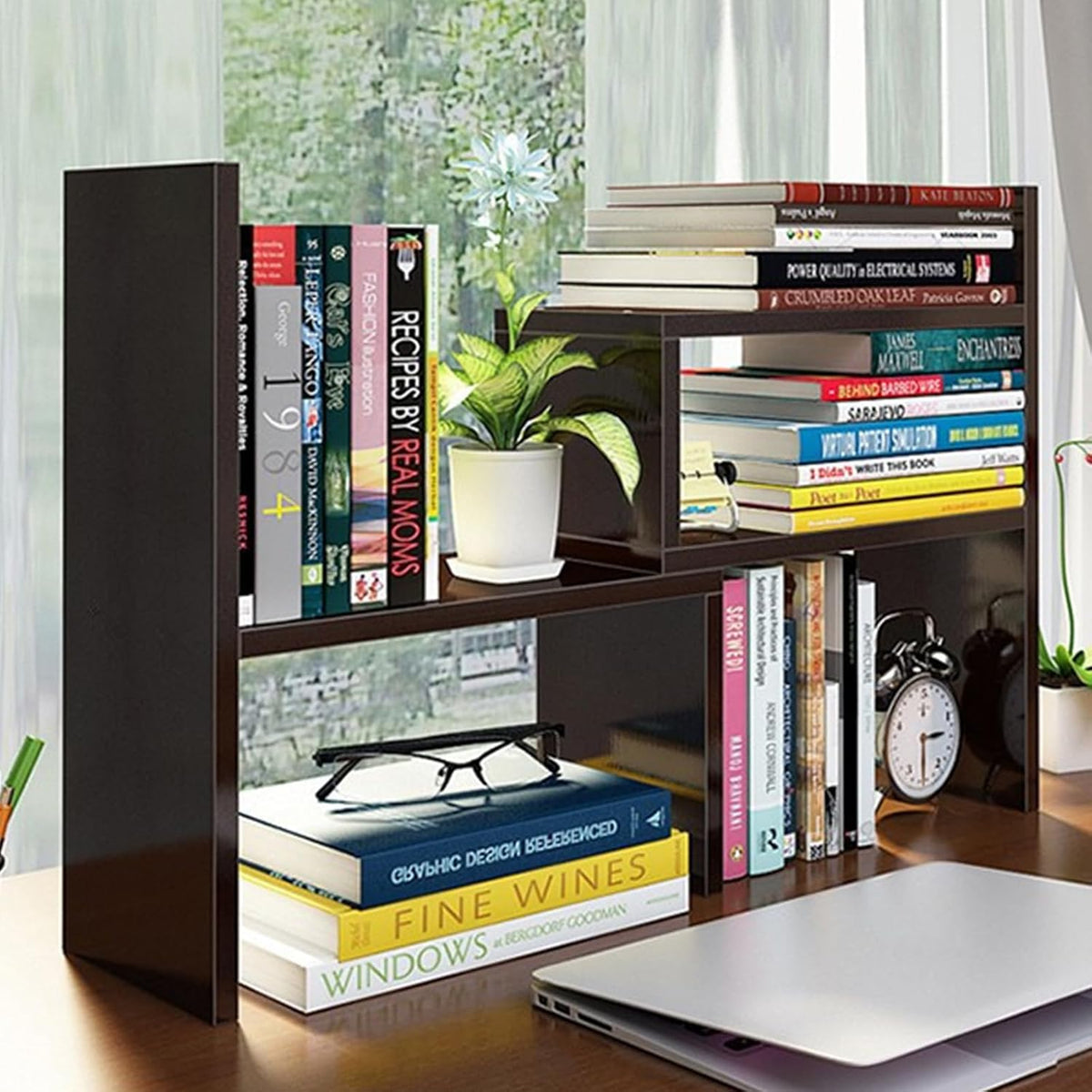 Desktop Shelf Organizer, Adjustable Wood Office Storage Rack, Counter Display Small Bookshelf for Home/Office/School(White)