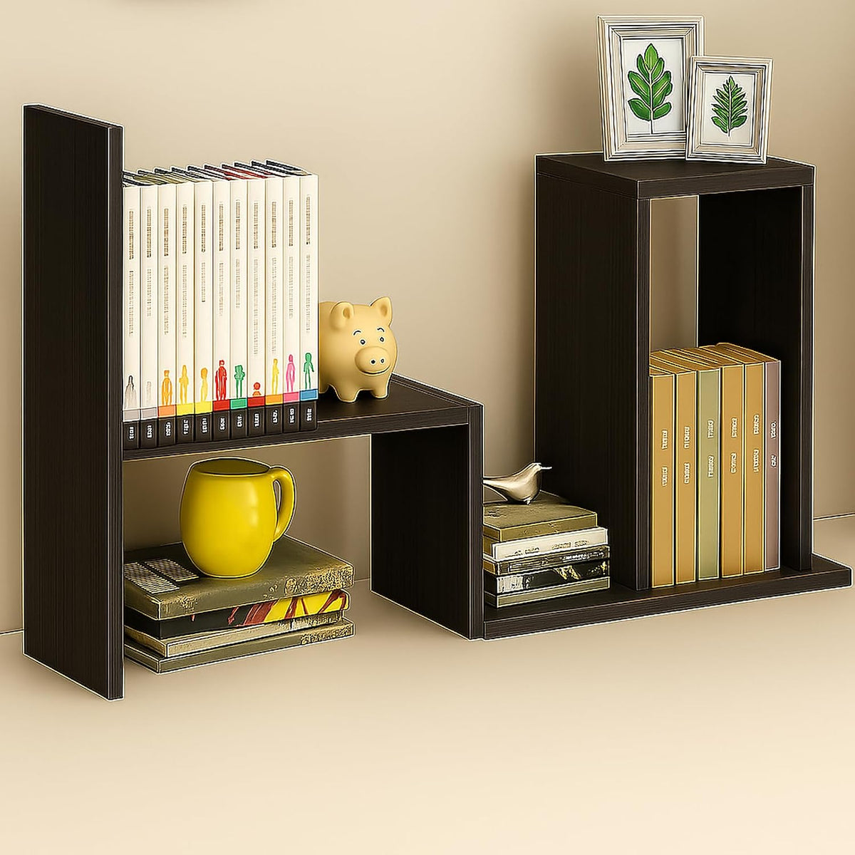 Desktop Shelf Organizer, Adjustable Wood Office Storage Rack, Counter Display Small Bookshelf for Home/Office/School(White)
