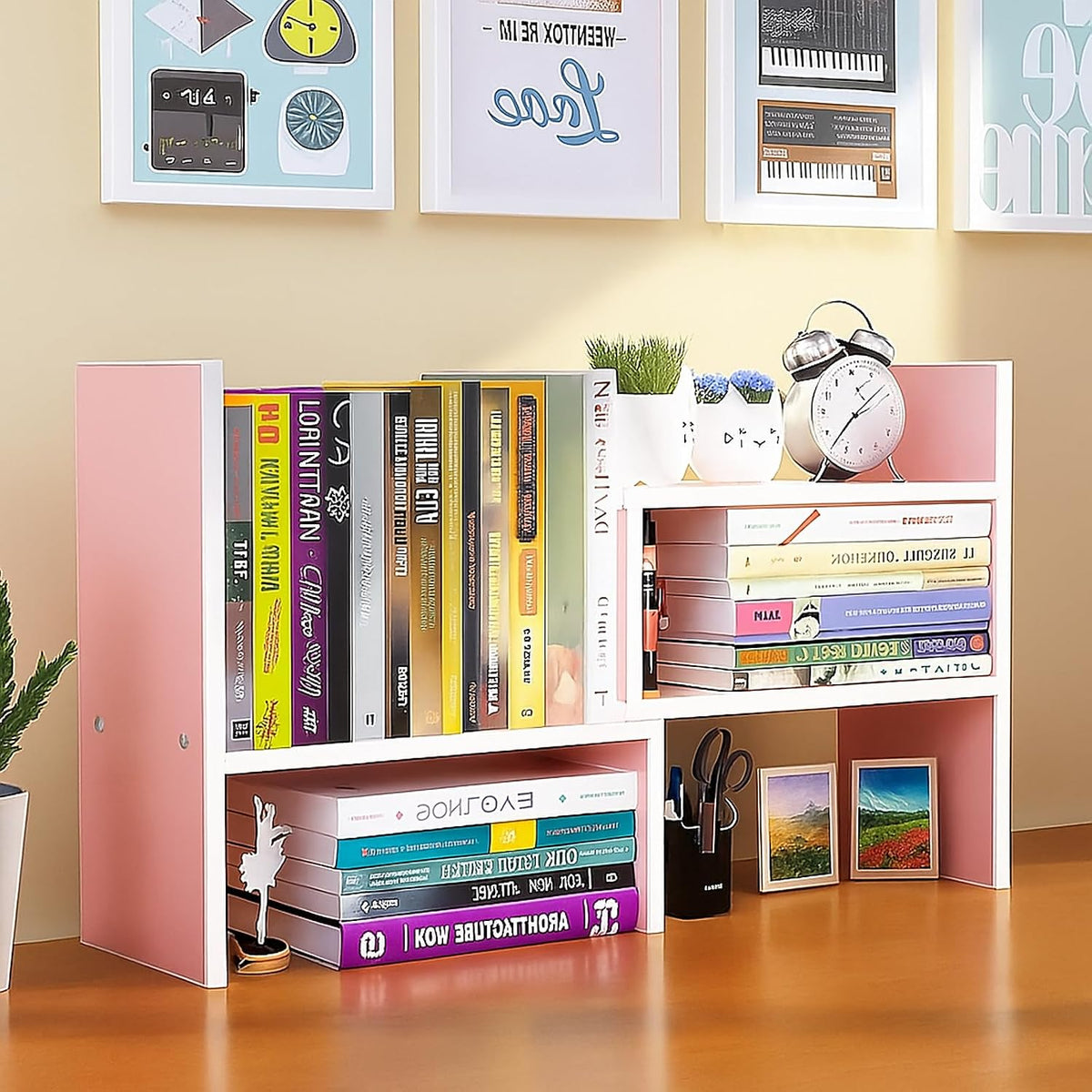 Desktop Shelf Organizer, Adjustable Wood Office Storage Rack, Counter Display Small Bookshelf for Home/Office/School(White)