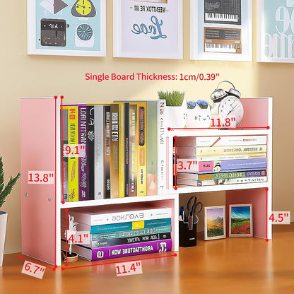 Desktop Shelf Organizer, Adjustable Wood Office Storage Rack, Counter Display Small Bookshelf for Home/Office/School(White)