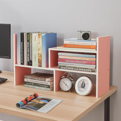 Desktop Shelf Organizer, Adjustable Wood Office Storage Rack, Counter Display Small Bookshelf for Home/Office/School(White)
