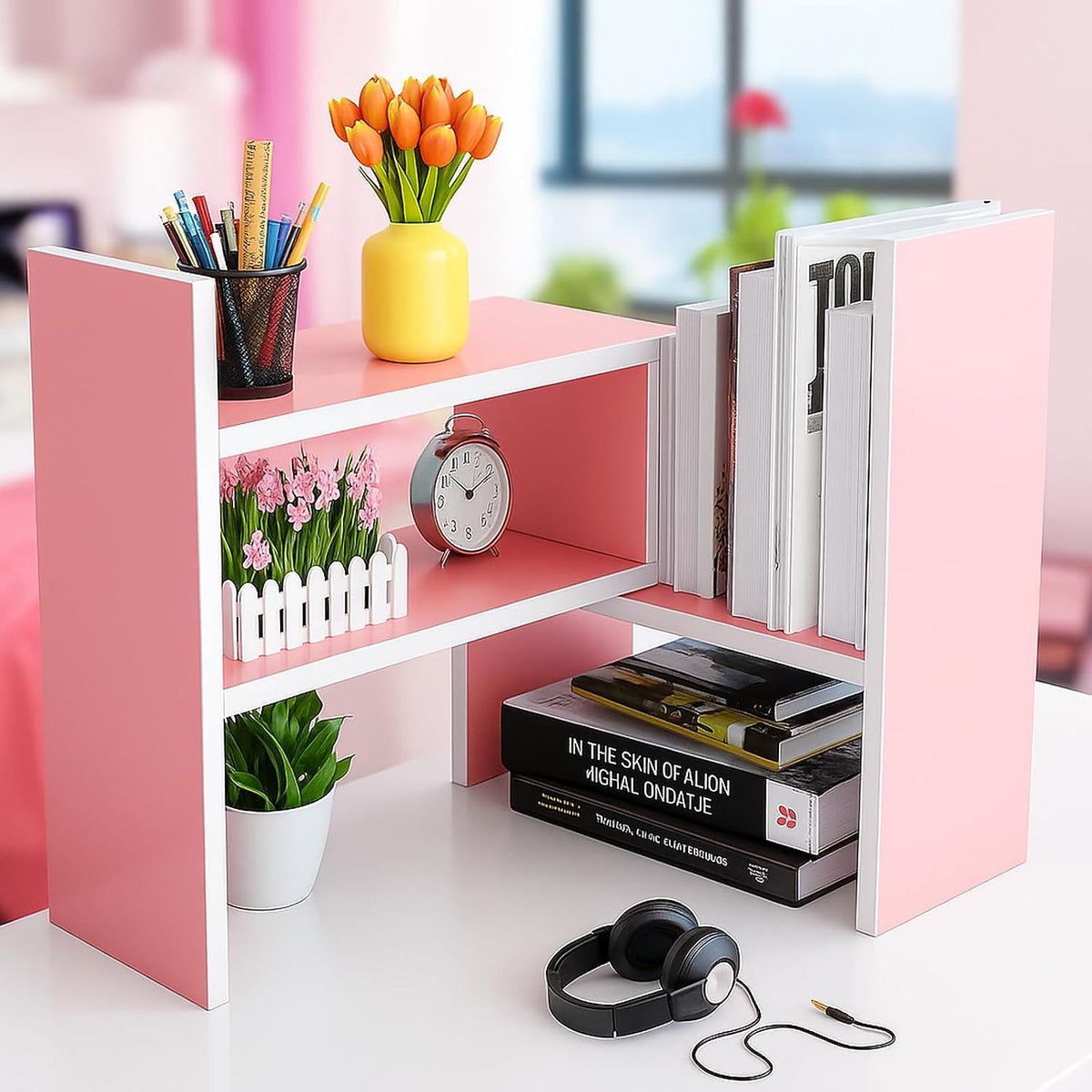 Desktop Shelf Organizer, Adjustable Wood Office Storage Rack, Counter Display Small Bookshelf for Home/Office/School(White)