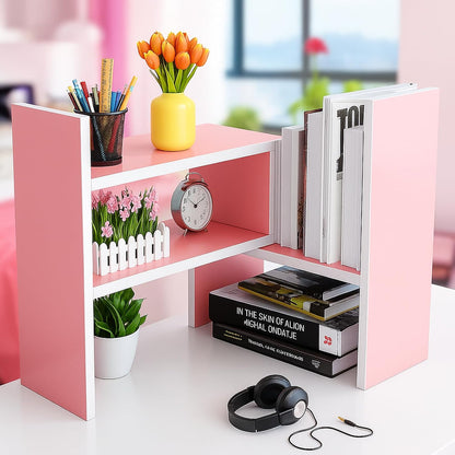 Desktop Shelf Organizer, Adjustable Wood Office Storage Rack, Counter Display Small Bookshelf for Home/Office/School(White)