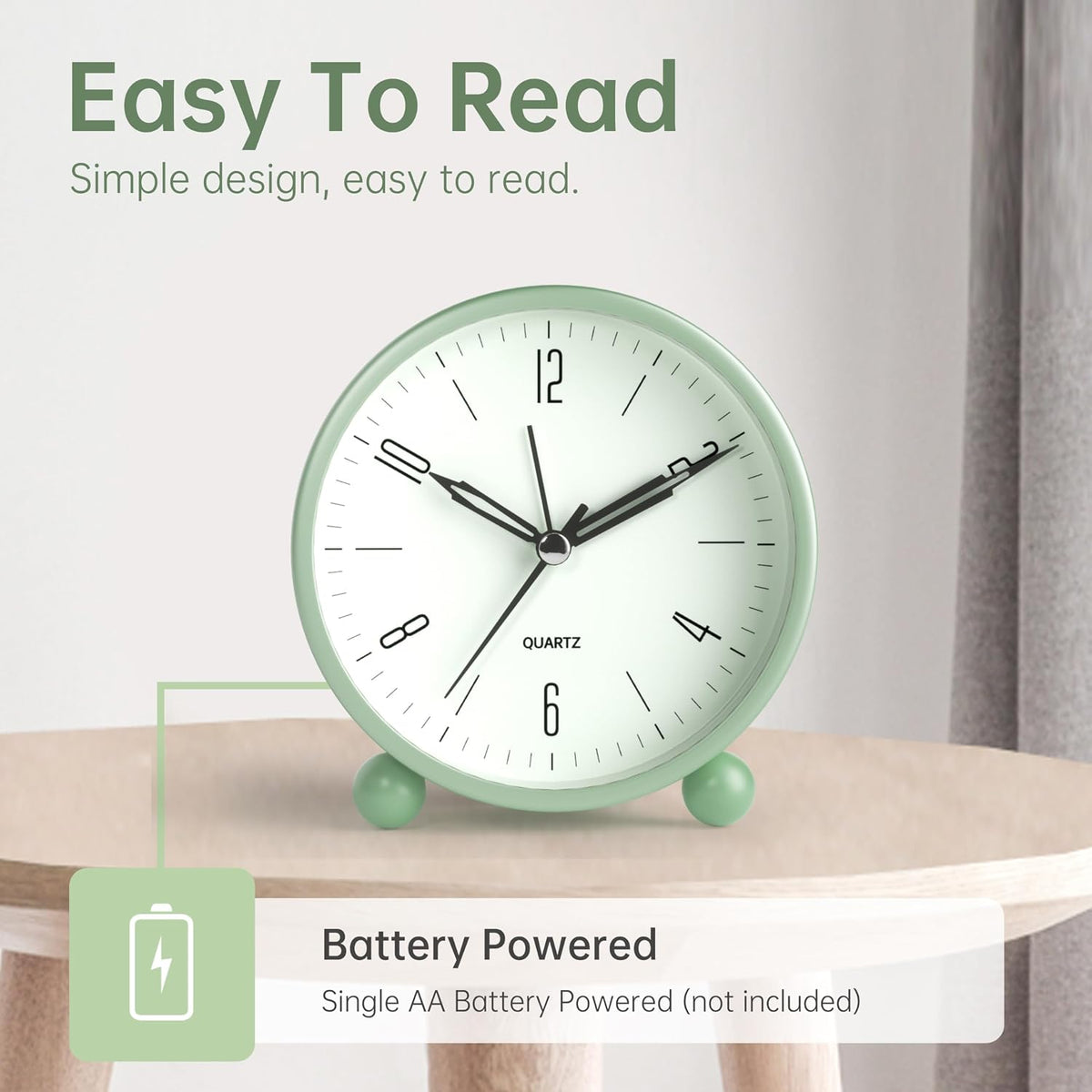 Analog Alarm Clock, 4 inch Super Silent Non Ticking Small Clock with Night Light, Battery Operated, Simple Design, Old Fashioned Style Ideal Decor, for Bedroom, Bedside, Desk, Adult, Gift, Green