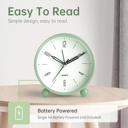 Analog Alarm Clock, 4 inch Super Silent Non Ticking Small Clock with Night Light, Battery Operated, Simple Design, Old Fashioned Style Ideal Decor, for Bedroom, Bedside, Desk, Adult, Gift, Green