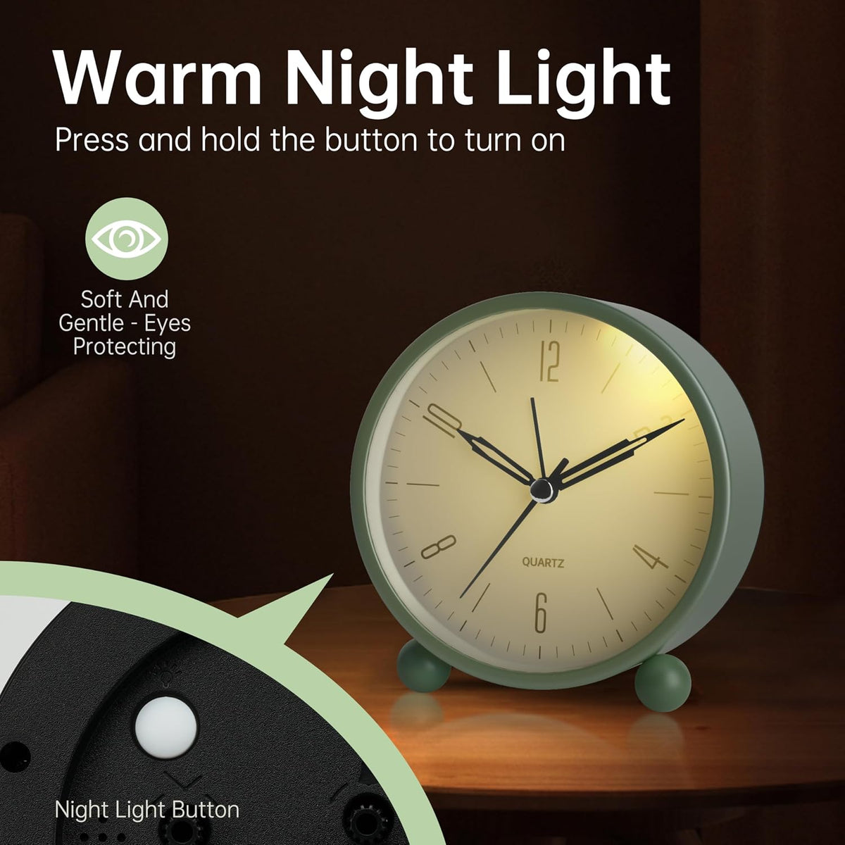 Analog Alarm Clock, 4 inch Super Silent Non Ticking Small Clock with Night Light, Battery Operated, Simple Design, Old Fashioned Style Ideal Decor, for Bedroom, Bedside, Desk, Adult, Gift, Green