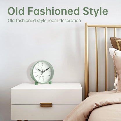 Analog Alarm Clock, 4 inch Super Silent Non Ticking Small Clock with Night Light, Battery Operated, Simple Design, Old Fashioned Style Ideal Decor, for Bedroom, Bedside, Desk, Adult, Gift, Green
