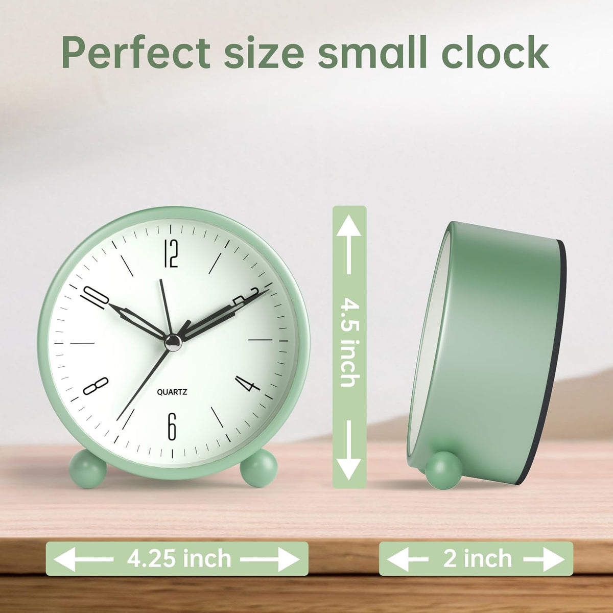 Analog Alarm Clock, 4 inch Super Silent Non Ticking Small Clock with Night Light, Battery Operated, Simple Design, Old Fashioned Style Ideal Decor, for Bedroom, Bedside, Desk, Adult, Gift, Green