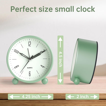 Analog Alarm Clock, 4 inch Super Silent Non Ticking Small Clock with Night Light, Battery Operated, Simple Design, Old Fashioned Style Ideal Decor, for Bedroom, Bedside, Desk, Adult, Gift, Green