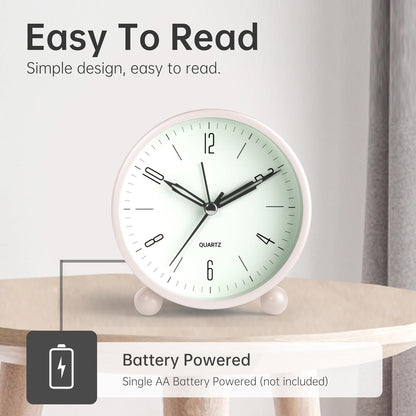 Analog Alarm Clock, 4 inch Super Silent Non Ticking Small Clock with Night Light, Battery Operated, Simple Design, Old Fashioned Style Ideal Decor, for Bedroom, Bedside, Desk, Adult, Gift, Green