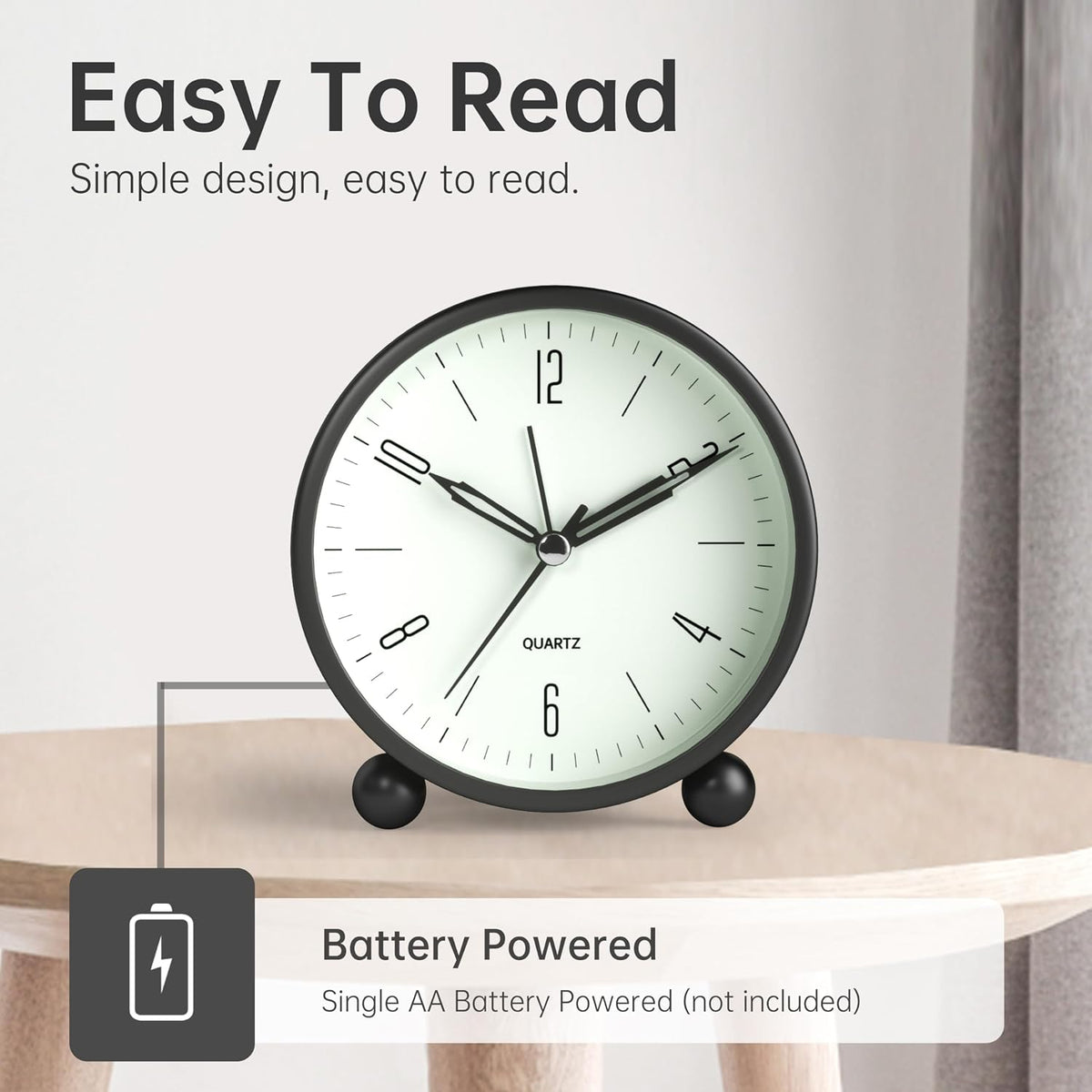 Analog Alarm Clock, 4 inch Super Silent Non Ticking Small Clock with Night Light, Battery Operated, Simple Design, Old Fashioned Style Ideal Decor, for Bedroom, Bedside, Desk, Adult, Gift, Green