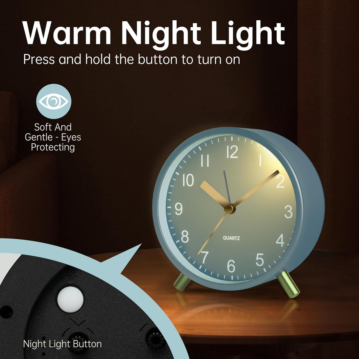 Analog Alarm Clock, 4 inch Super Silent Non Ticking Small Clock with Night Light, Battery Operated, Simple Design, Old Fashioned Style Ideal Decor, for Bedroom, Bedside, Desk, Adult, Gift, Green
