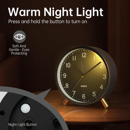 Analog Alarm Clock, 4 inch Super Silent Non Ticking Small Clock with Night Light, Battery Operated, Simple Design, Old Fashioned Style Ideal Decor, for Bedroom, Bedside, Desk, Adult, Gift, Green