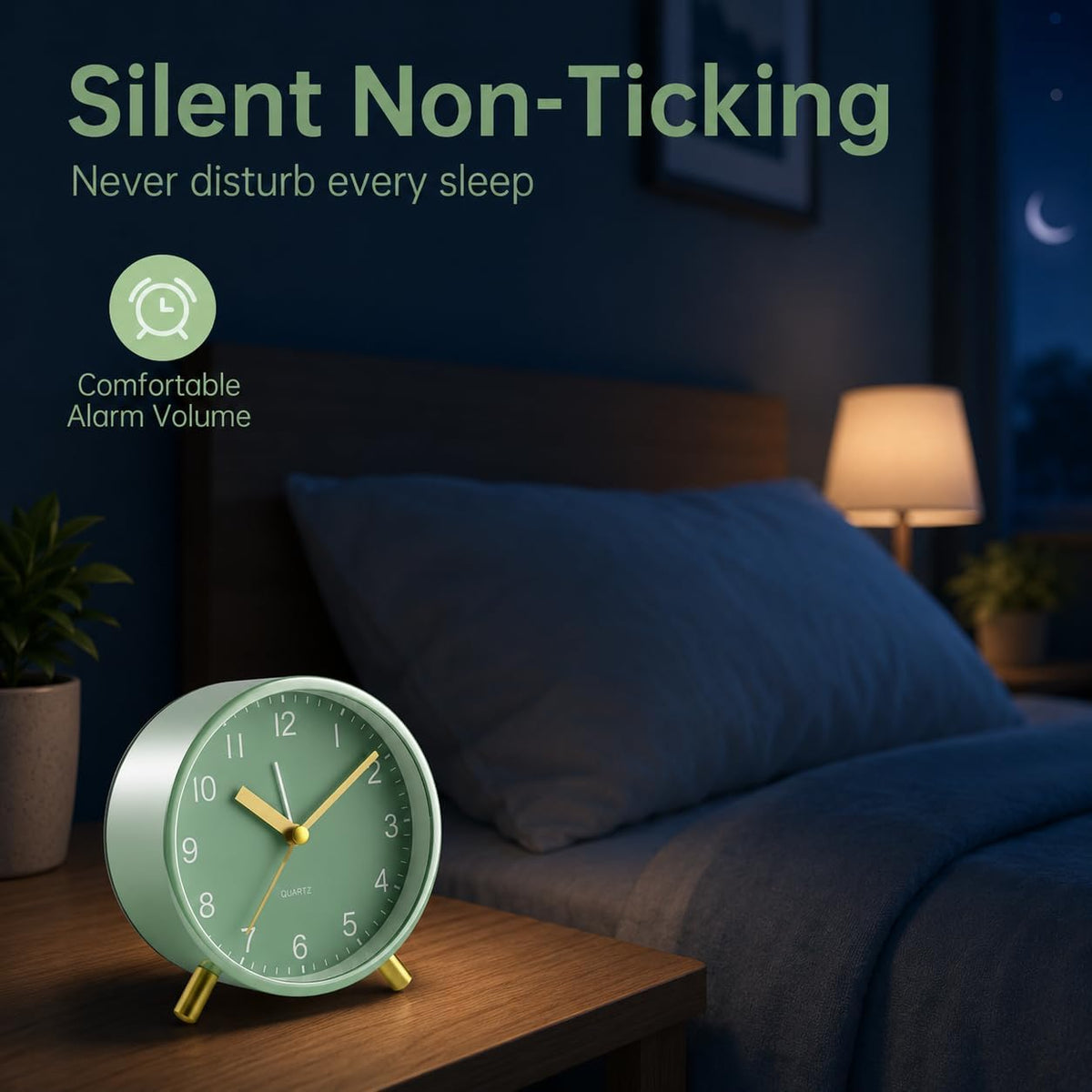 Analog Alarm Clock, 4 inch Super Silent Non Ticking Small Clock with Night Light, Battery Operated, Simple Design, Old Fashioned Style Ideal Decor, for Bedroom, Bedside, Desk, Adult, Gift, Green