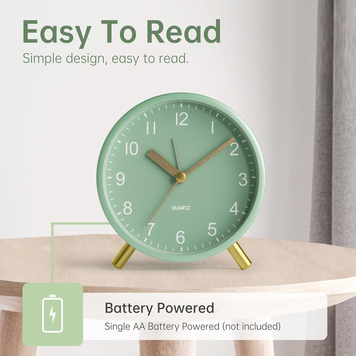 Analog Alarm Clock, 4 inch Super Silent Non Ticking Small Clock with Night Light, Battery Operated, Simple Design, Old Fashioned Style Ideal Decor, for Bedroom, Bedside, Desk, Adult, Gift, Green
