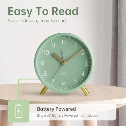 Analog Alarm Clock, 4 inch Super Silent Non Ticking Small Clock with Night Light, Battery Operated, Simple Design, Old Fashioned Style Ideal Decor, for Bedroom, Bedside, Desk, Adult, Gift, Green