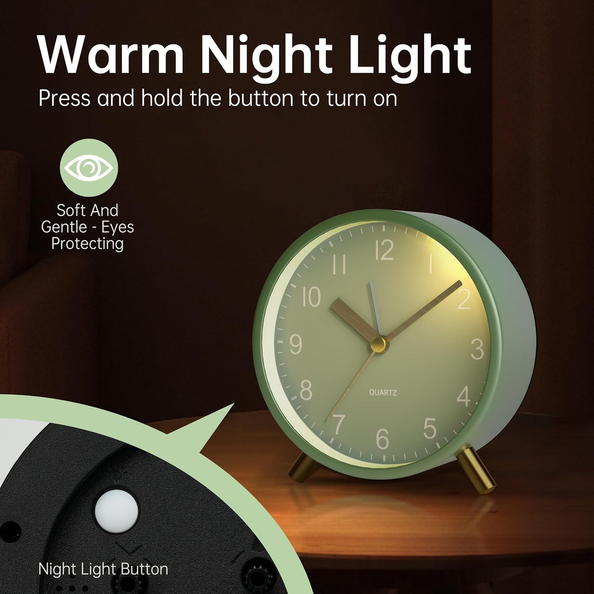 Analog Alarm Clock, 4 inch Super Silent Non Ticking Small Clock with Night Light, Battery Operated, Simple Design, Old Fashioned Style Ideal Decor, for Bedroom, Bedside, Desk, Adult, Gift, Green