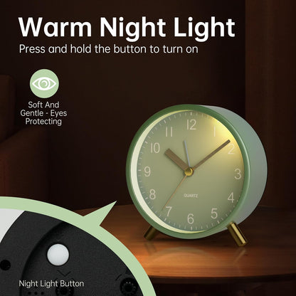 Analog Alarm Clock, 4 inch Super Silent Non Ticking Small Clock with Night Light, Battery Operated, Simple Design, Old Fashioned Style Ideal Decor, for Bedroom, Bedside, Desk, Adult, Gift, Green