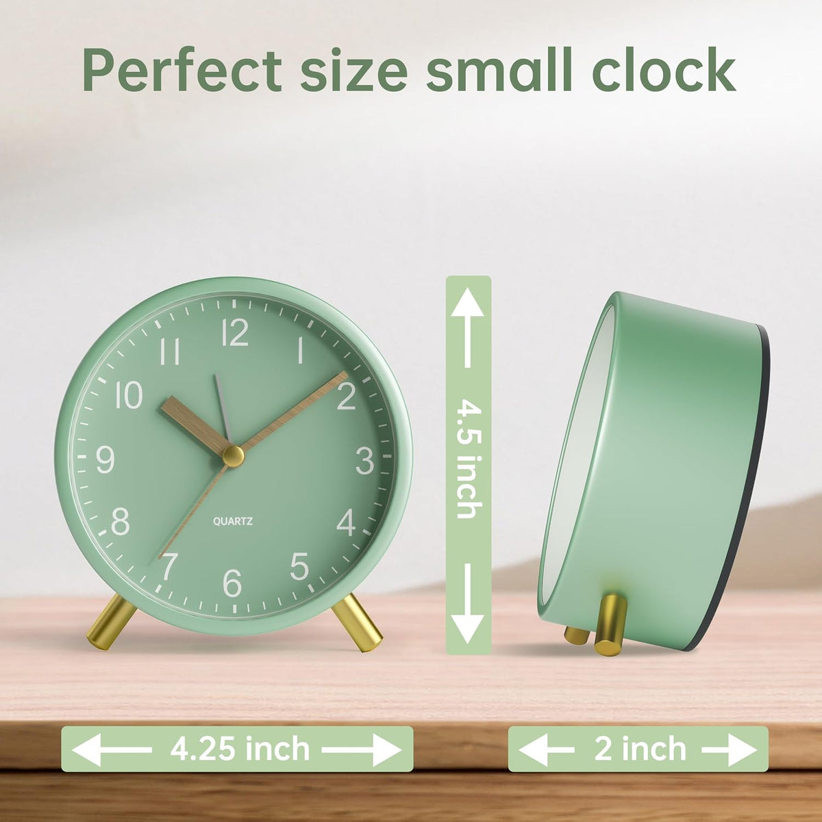 Analog Alarm Clock, 4 inch Super Silent Non Ticking Small Clock with Night Light, Battery Operated, Simple Design, Old Fashioned Style Ideal Decor, for Bedroom, Bedside, Desk, Adult, Gift, Green