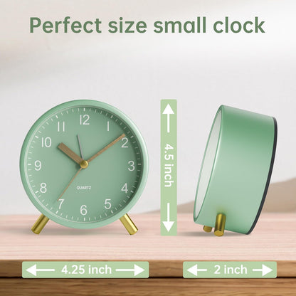 Analog Alarm Clock, 4 inch Super Silent Non Ticking Small Clock with Night Light, Battery Operated, Simple Design, Old Fashioned Style Ideal Decor, for Bedroom, Bedside, Desk, Adult, Gift, Green