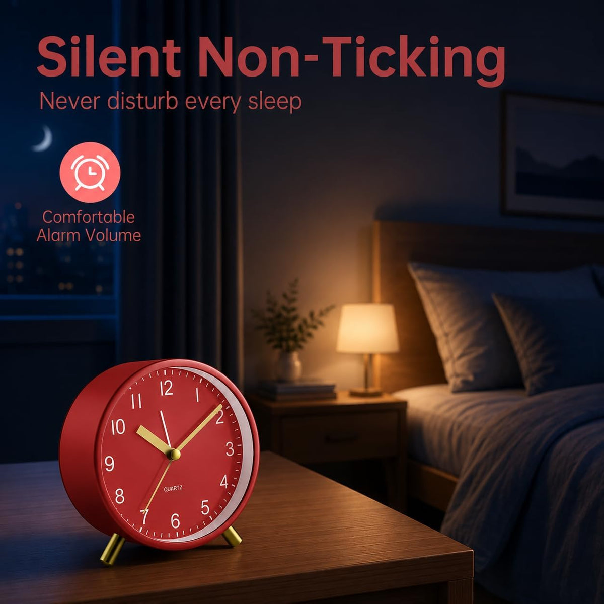 Analog Alarm Clock, 4 inch Super Silent Non Ticking Small Clock with Night Light, Battery Operated, Simple Design, Old Fashioned Style Ideal Decor, for Bedroom, Bedside, Desk, Adult, Gift, Green