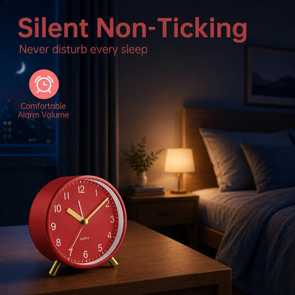 Analog Alarm Clock, 4 inch Super Silent Non Ticking Small Clock with Night Light, Battery Operated, Simple Design, Old Fashioned Style Ideal Decor, for Bedroom, Bedside, Desk, Adult, Gift, Green