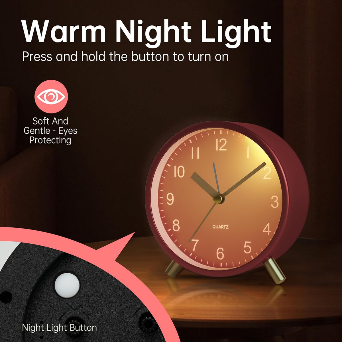 Analog Alarm Clock, 4 inch Super Silent Non Ticking Small Clock with Night Light, Battery Operated, Simple Design, Old Fashioned Style Ideal Decor, for Bedroom, Bedside, Desk, Adult, Gift, Green