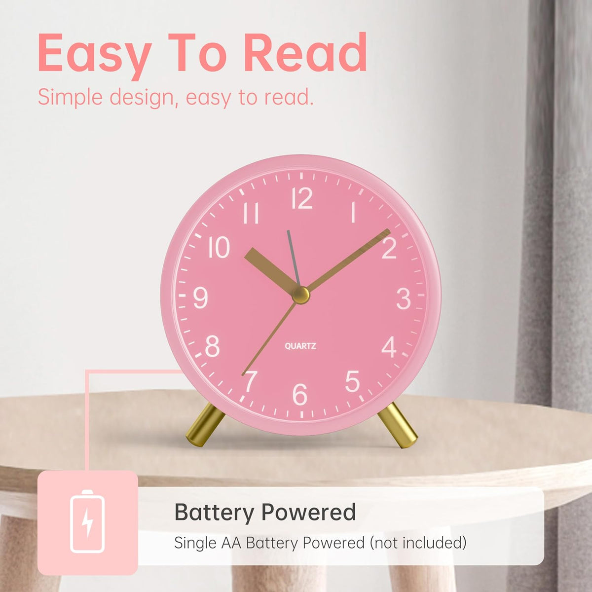 Analog Alarm Clock, 4 inch Super Silent Non Ticking Small Clock with Night Light, Battery Operated, Simple Design, Old Fashioned Style Ideal Decor, for Bedroom, Bedside, Desk, Adult, Gift, Green