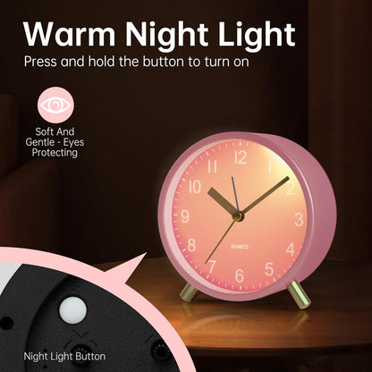 Analog Alarm Clock, 4 inch Super Silent Non Ticking Small Clock with Night Light, Battery Operated, Simple Design, Old Fashioned Style Ideal Decor, for Bedroom, Bedside, Desk, Adult, Gift, Green