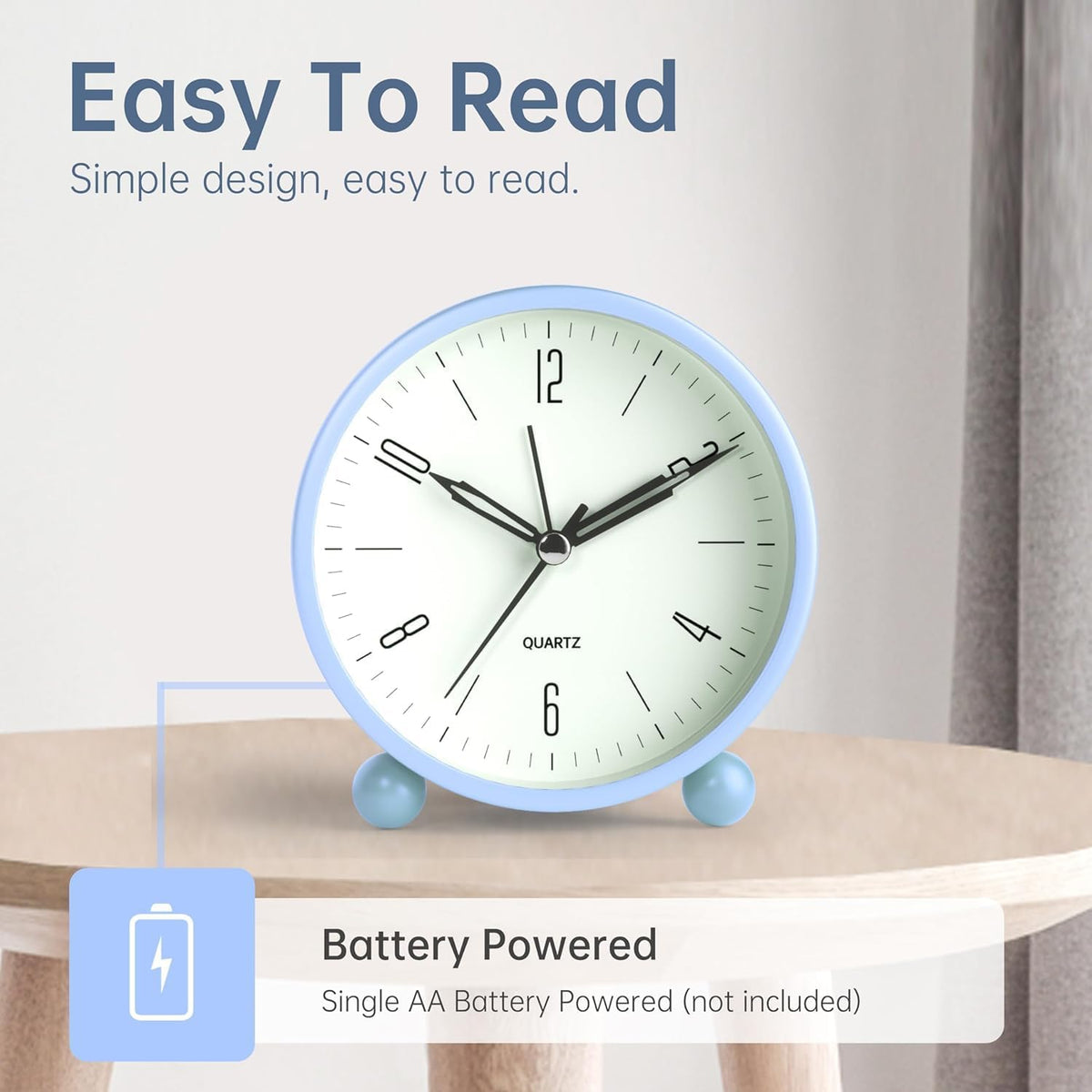Analog Alarm Clock, 4 inch Super Silent Non Ticking Small Clock with Night Light, Battery Operated, Simple Design, Old Fashioned Style Ideal Decor, for Bedroom, Bedside, Desk, Adult, Gift, Green