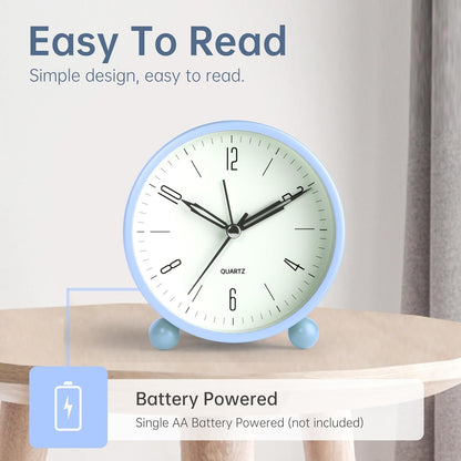 Analog Alarm Clock, 4 inch Super Silent Non Ticking Small Clock with Night Light, Battery Operated, Simple Design, Old Fashioned Style Ideal Decor, for Bedroom, Bedside, Desk, Adult, Gift, Green