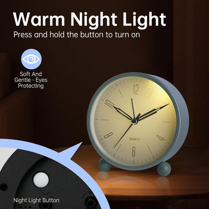 Analog Alarm Clock, 4 inch Super Silent Non Ticking Small Clock with Night Light, Battery Operated, Simple Design, Old Fashioned Style Ideal Decor, for Bedroom, Bedside, Desk, Adult, Gift, Green