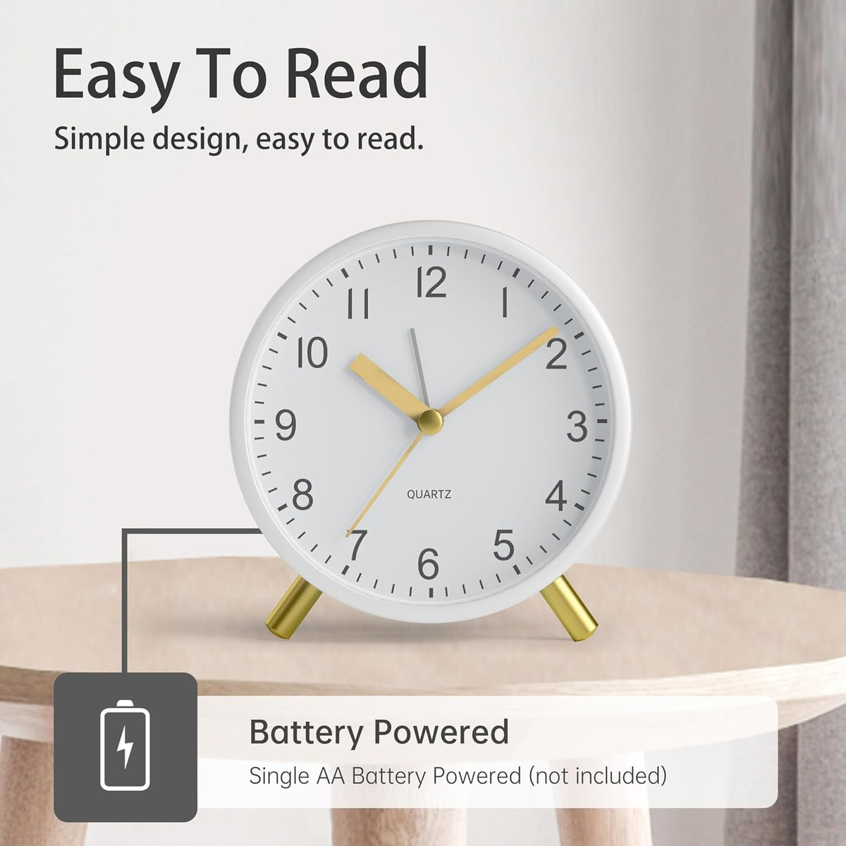 Analog Alarm Clock, 4 inch Super Silent Non Ticking Small Clock with Night Light, Battery Operated, Simple Design, Old Fashioned Style Ideal Decor, for Bedroom, Bedside, Desk, Adult, Gift, Green