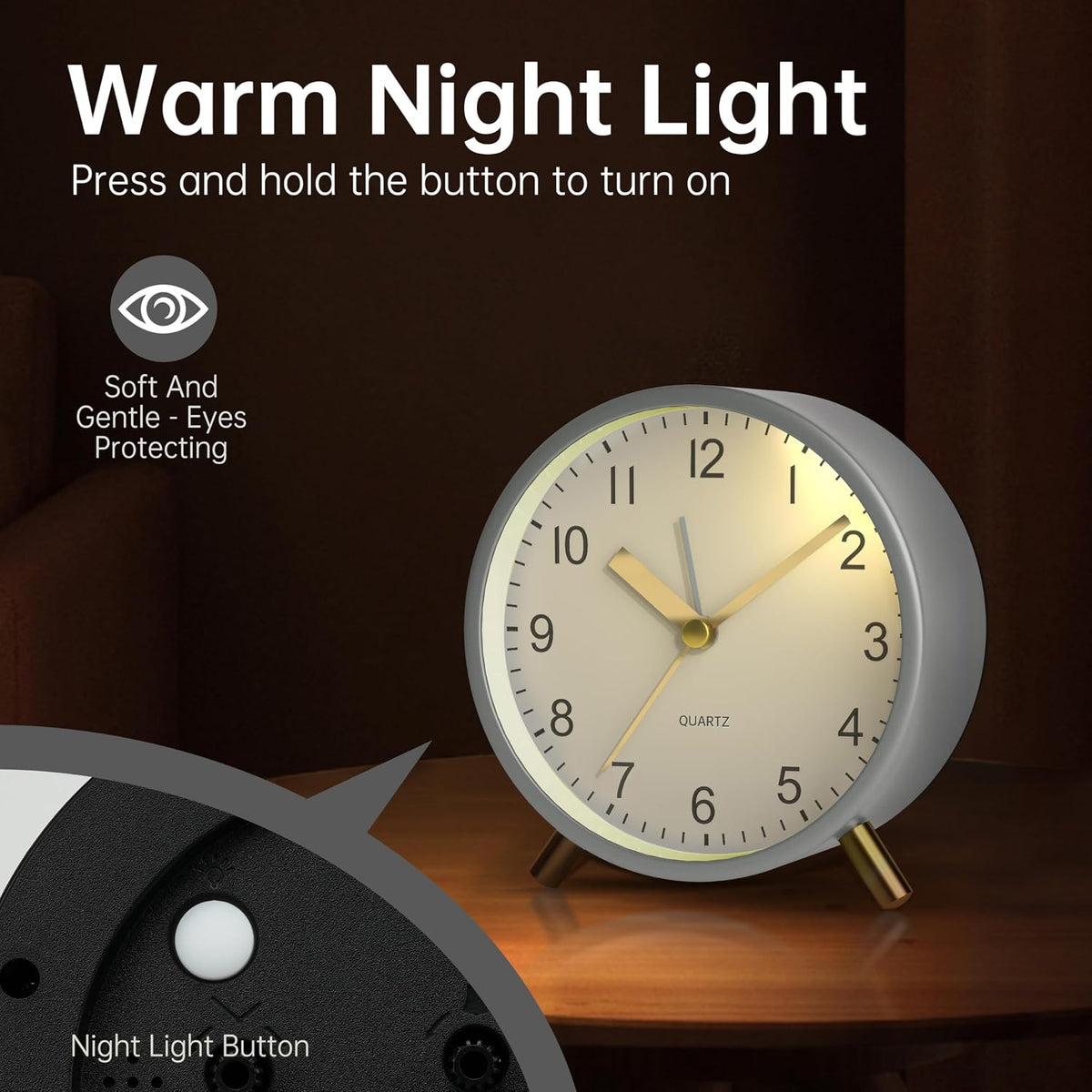 Analog Alarm Clock, 4 inch Super Silent Non Ticking Small Clock with Night Light, Battery Operated, Simple Design, Old Fashioned Style Ideal Decor, for Bedroom, Bedside, Desk, Adult, Gift, Green